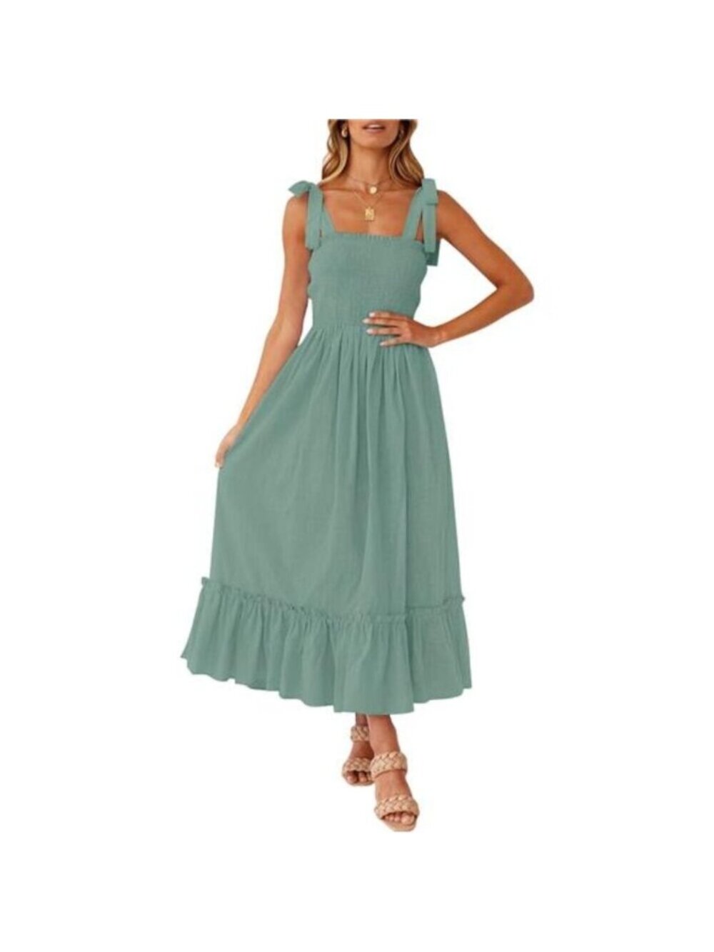 Women's Summer Boho Spaghetti Strap Square Neck Ruffle Long Maxi Dress